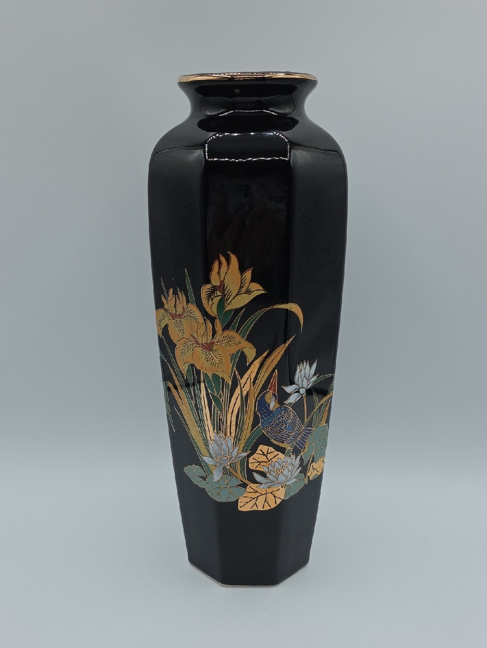Large Black Porcelain Vase with Gold and Floral Detail | Vintage